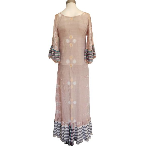 ERIKA PENA Tribal E Margarita Long Ikat maxi ruffle fringe dress in caffe XS NEW - Picture 3 of 8